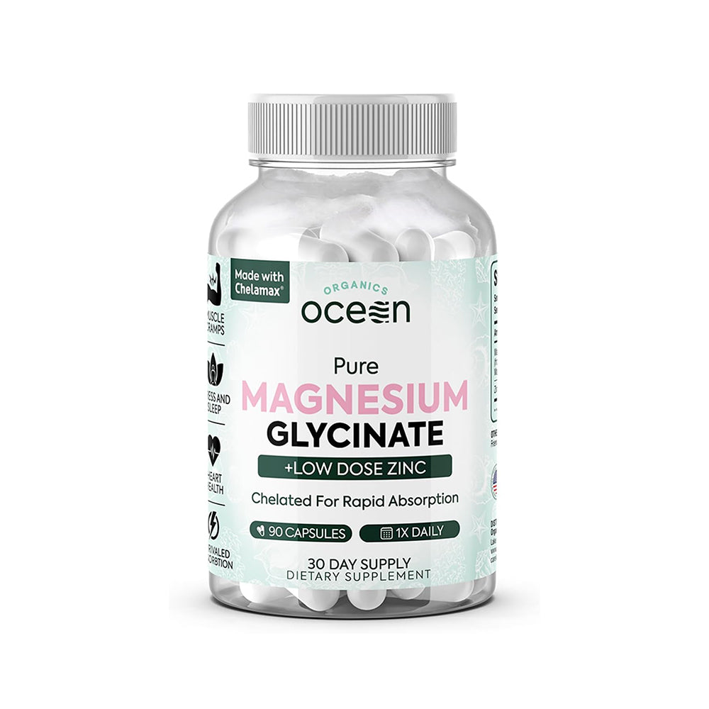 Organics Ocean Pure Magnesium Glycinate with Zinc - Maximum Strength Chelated Magnesium Supplement for Women and Men for Muscle Cramps and Sleep Support - 90 Capsule