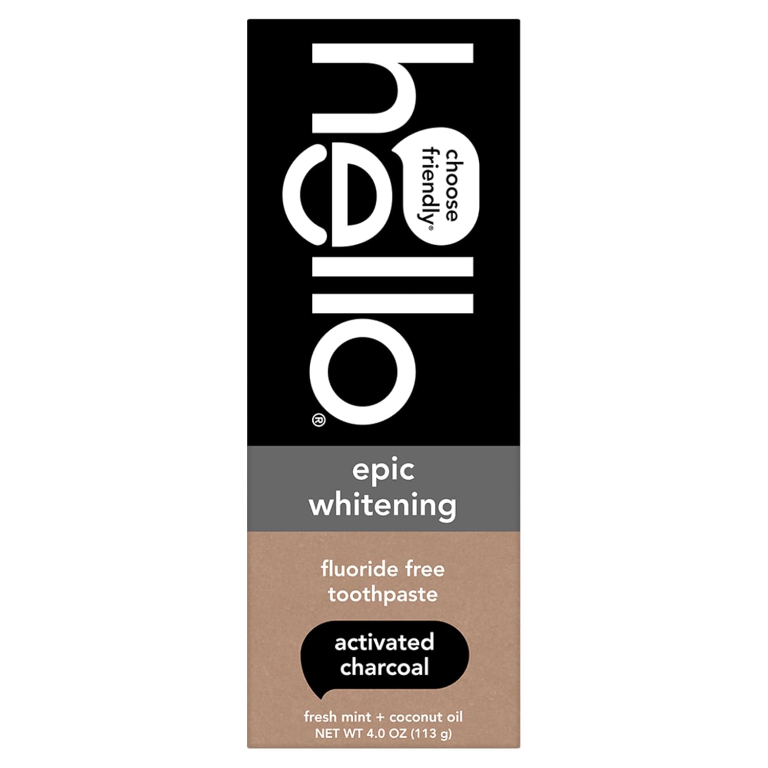 hello Epic Whitening Fluoride-Free Activated Charcoal Toothpaste with Coconut Oil - SLS Free, Fresh Mint
