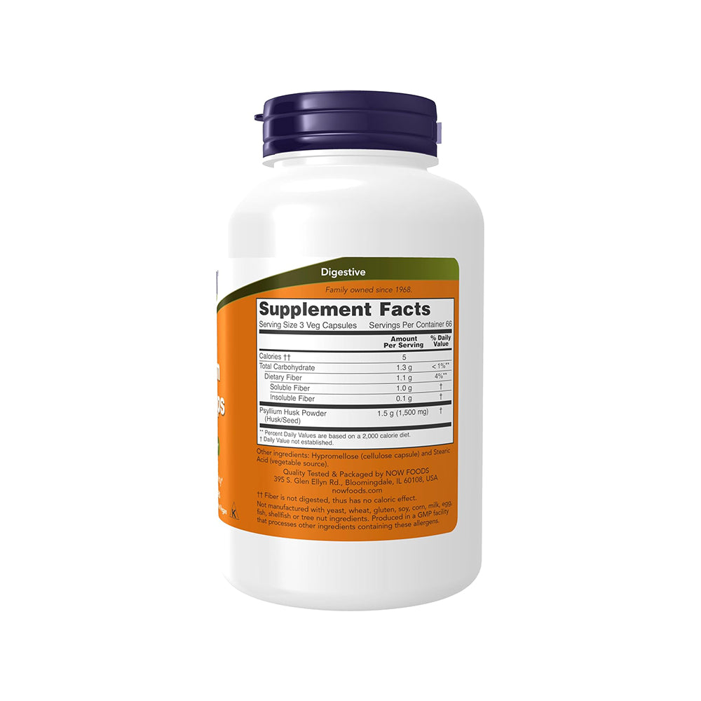 NOW Foods Supplements, Psyllium Husk Caps 500 Mg, Non-Gmo Project Verified, Natural Soluble Fiber, Intestinal Health*, 200 Veg Capsules