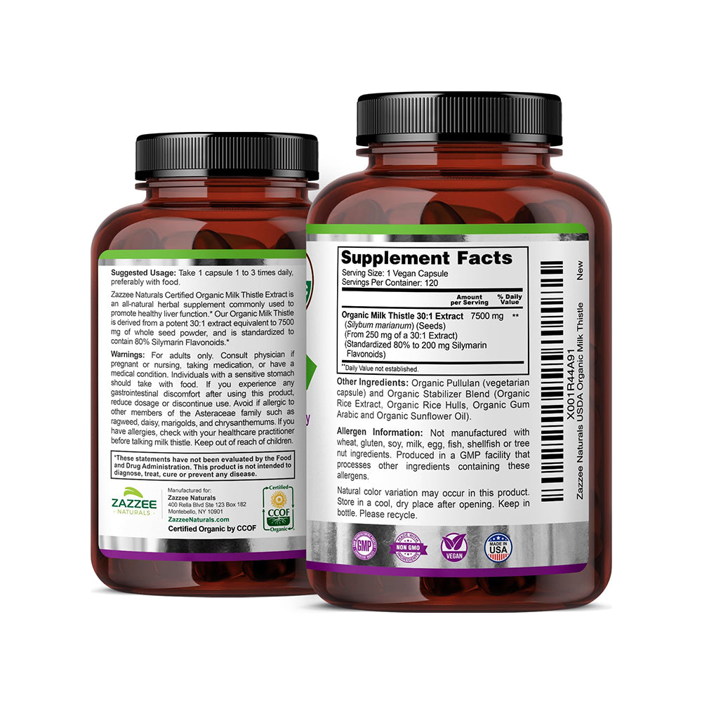 Zazzee USDA Organic Milk Thistle 30:1 Extract, 7500 Mg Strength, 120 Vegan Capsules, 80% Silymarin Flavonoids, Standardized and Concentrated 30X Extract, 100% Vegetarian, All-Natural and Non-Gmo