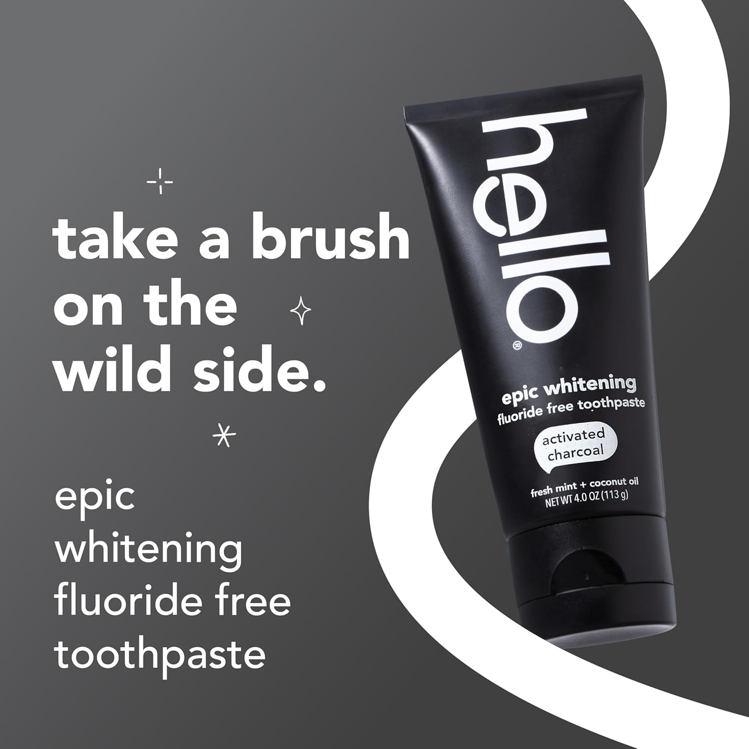hello Epic Whitening Fluoride-Free Activated Charcoal Toothpaste with Coconut Oil - SLS Free, Fresh Mint