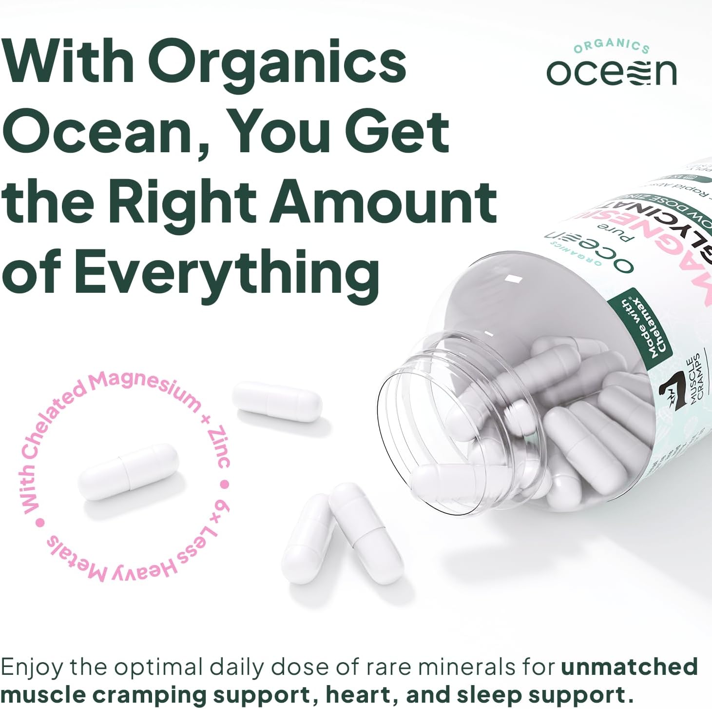 Organics Ocean Pure Magnesium Glycinate with Zinc - Maximum Strength Chelated Magnesium Supplement for Women and Men for Muscle Cramps and Sleep Support - 90 Capsule