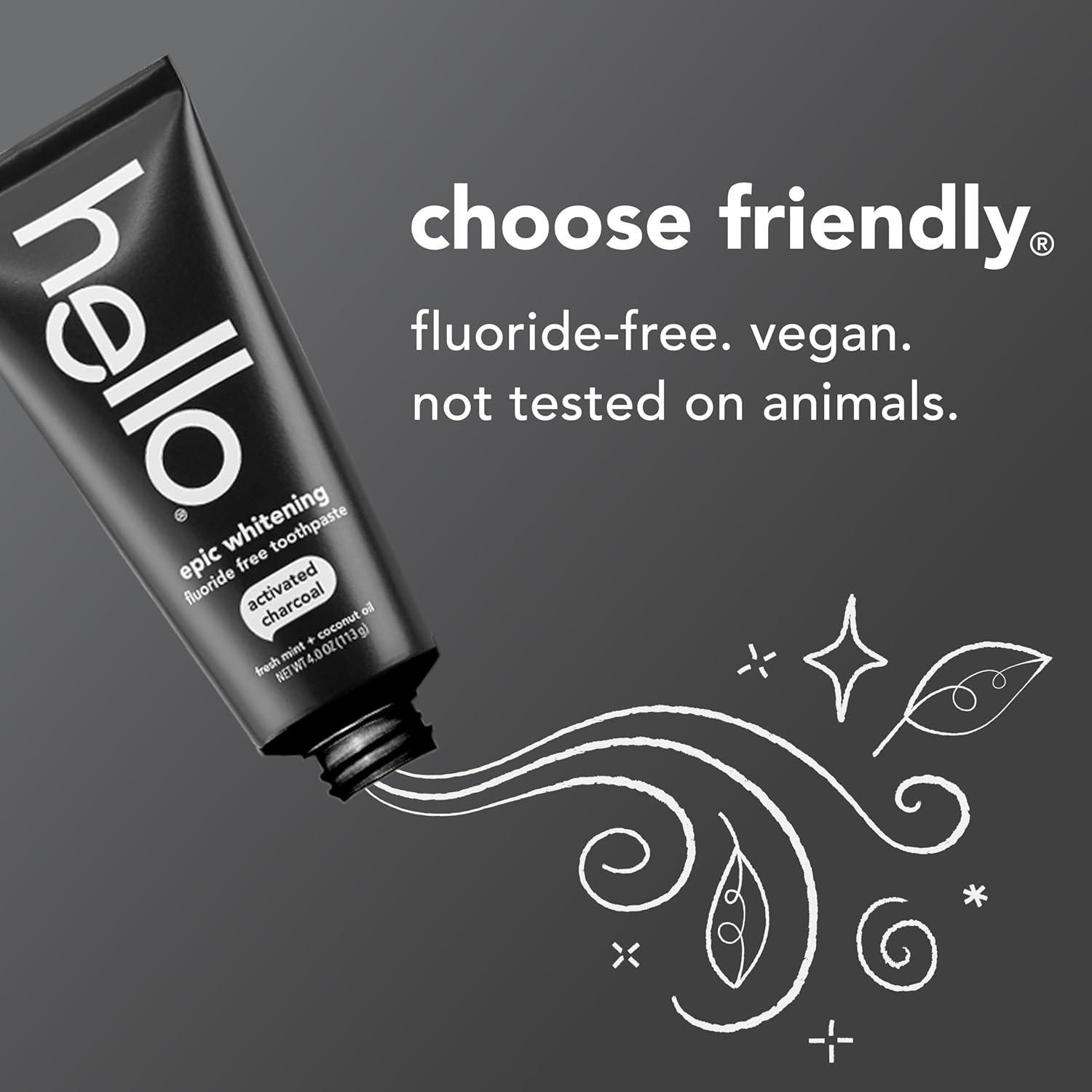 hello Epic Whitening Fluoride-Free Activated Charcoal Toothpaste with Coconut Oil - SLS Free, Fresh Mint