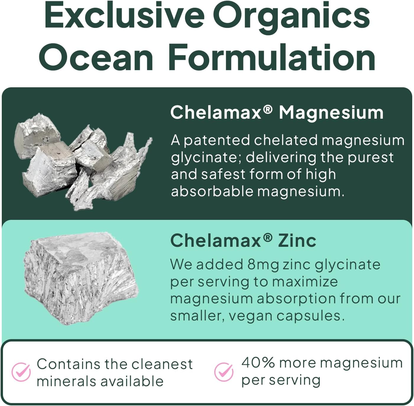 Organics Ocean Pure Magnesium Glycinate with Zinc - Maximum Strength Chelated Magnesium Supplement for Women and Men for Muscle Cramps and Sleep Support - 90 Capsule