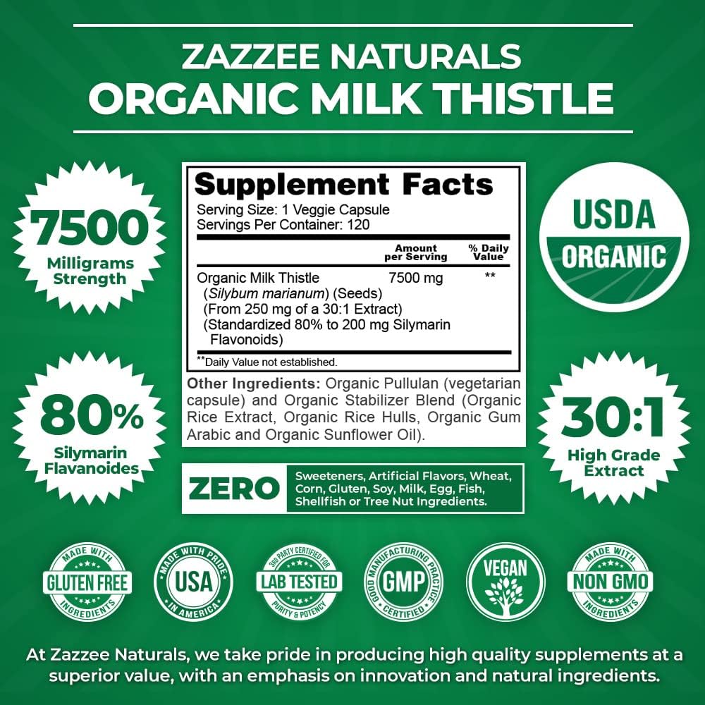 Zazzee USDA Organic Milk Thistle 30:1 Extract, 7500 Mg Strength, 120 Vegan Capsules, 80% Silymarin Flavonoids, Standardized and Concentrated 30X Extract, 100% Vegetarian, All-Natural and Non-Gmo
