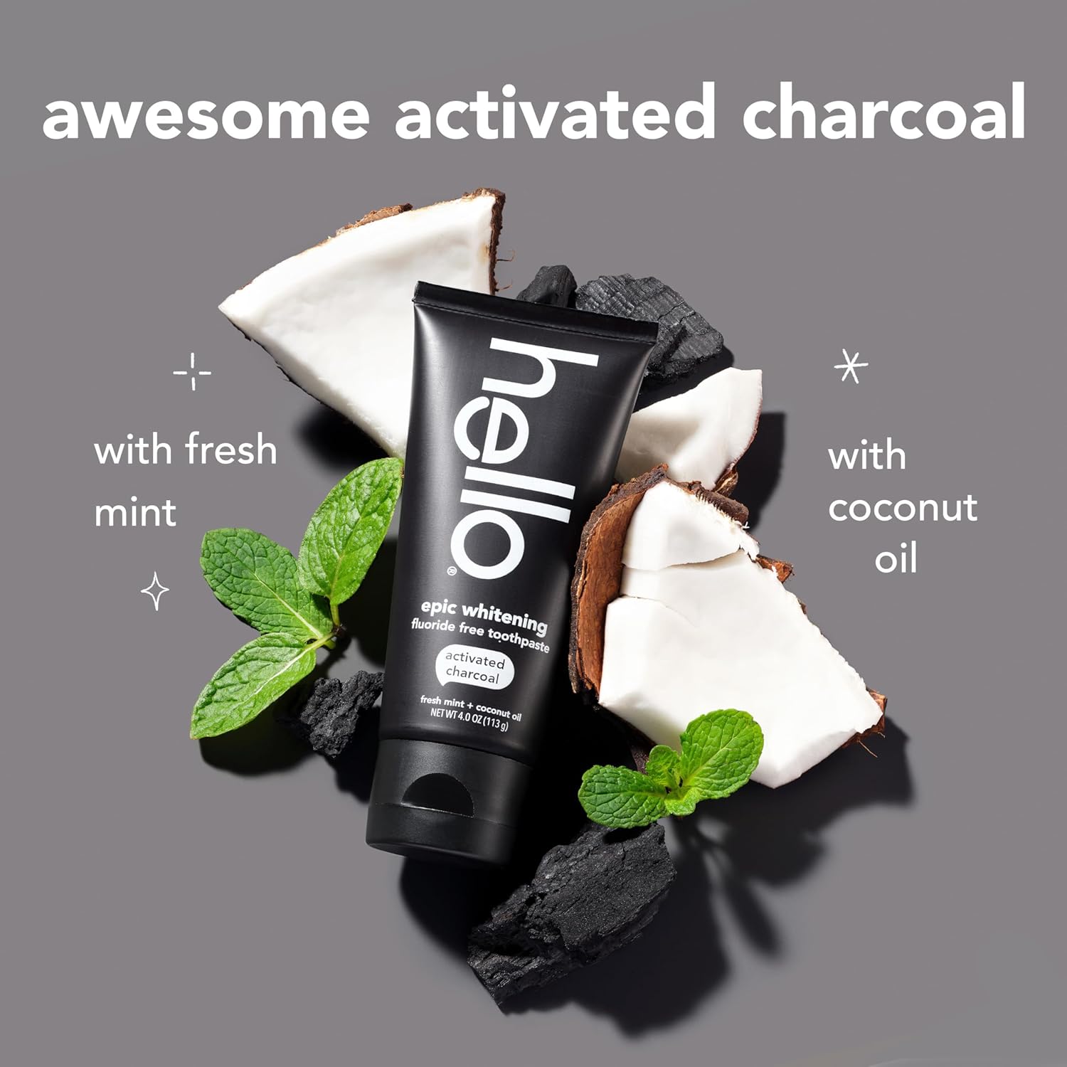 hello Epic Whitening Fluoride-Free Activated Charcoal Toothpaste with Coconut Oil - SLS Free, Fresh Mint